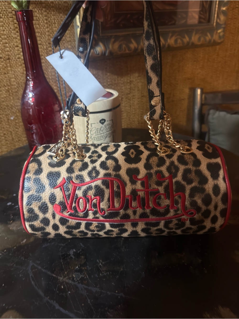 NWT Von Dutch Leopard Bowling Bag Red Logo Y2K 2000s Shoulder Purse